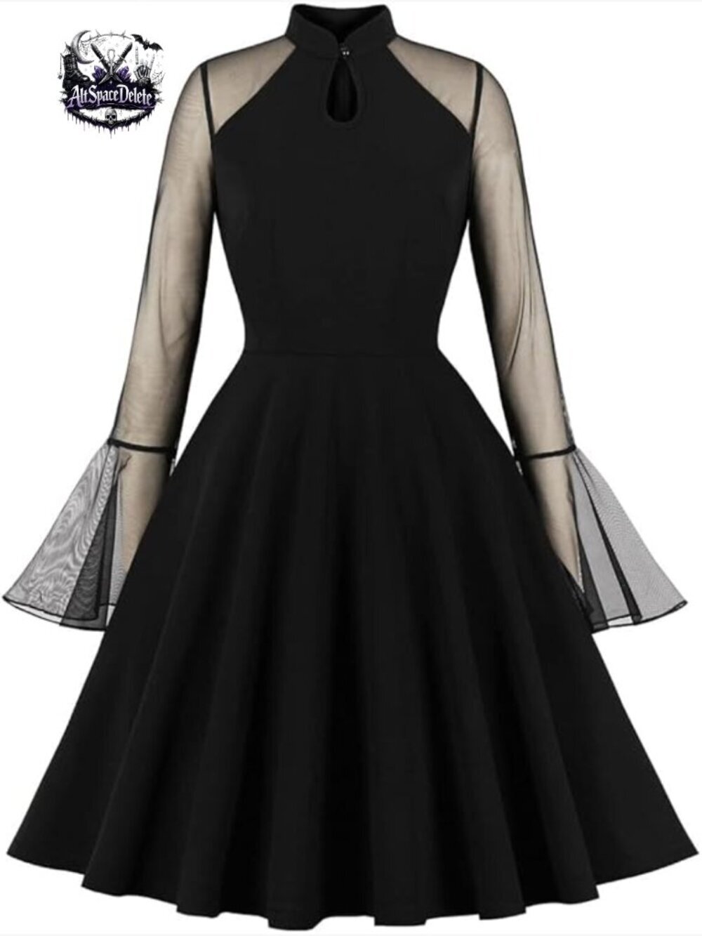 Vintage A-Line Swing Dress Long Sleeve Mesh Mock Neck Knee Length